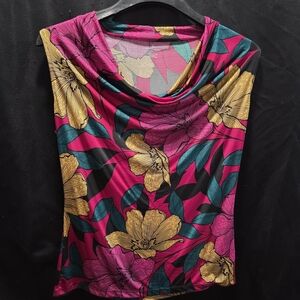 Worthington  Boho Workwear Chic Floral Cowl Neck Sleeveless Top Sz L Vibrant